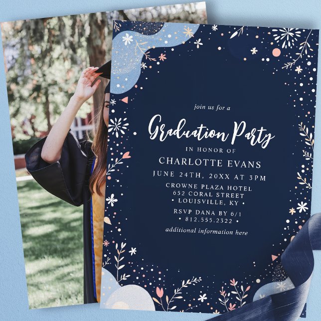Invitation Marine Blue Moderne Floral Confetti Graduation (Créateur téléchargé)