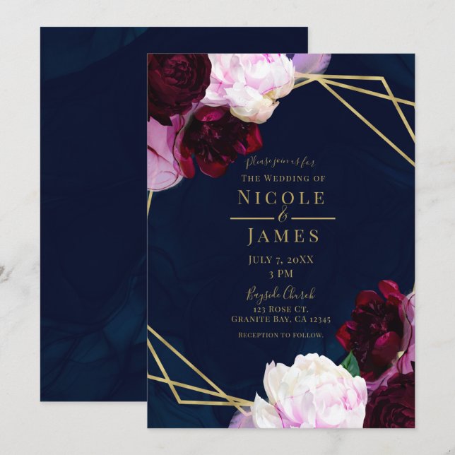 Invitation Marine Blue Moody Floral Moderne Glam Mariage (Devant / Derrière)