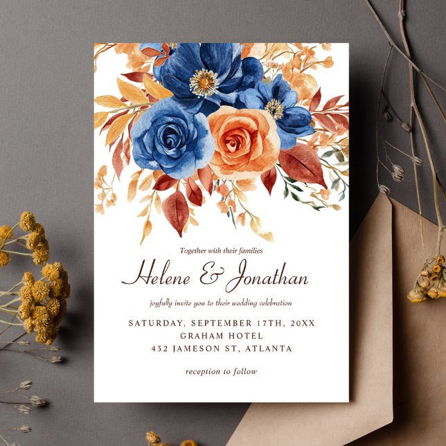 Invitation Marine Blue Orange Terracotta Élégant mariage (Navy Blue Orange Terracotta Elegant Wedding Invitation)