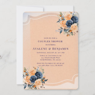 Invitation Marine Blue Peach Peint Floral Couples Douche