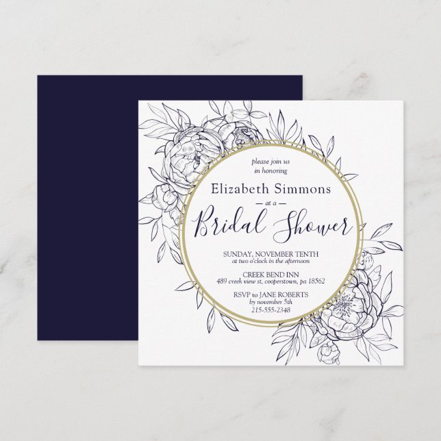 Invitation Marine Blue Peony Modern Toile Fête des mariées (Devant / Derrière)