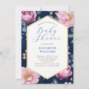 Invitation Marine Blue Pink Gold Peonies Baby shower Invitati
