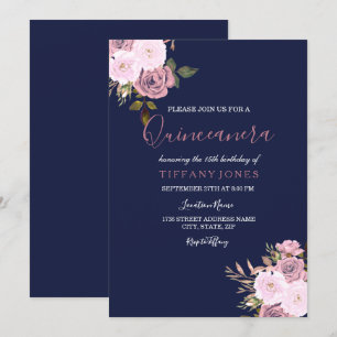 Invitation Marine Blue Pink & Rose Gold Quinceaner