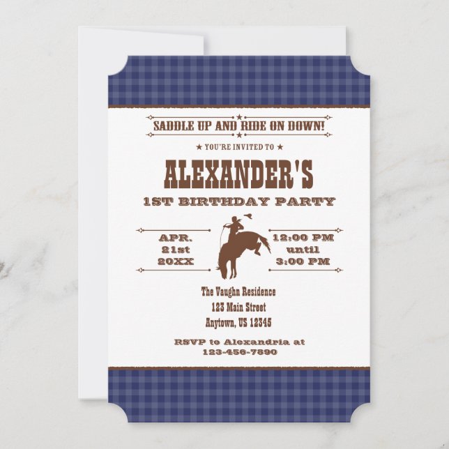 Invitation Marine Blue Plaid Cowboy Rodeo Anniversaire Invita (Devant)