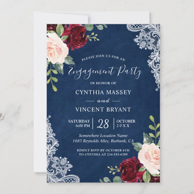Invitation Marine Blue Red Blush Floral Lace Engagement Party (Devant)