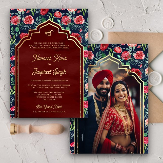 Invitation Marine Blue Red Roses Photo Anand Karaj Sikh Maria (Créateur téléchargé)