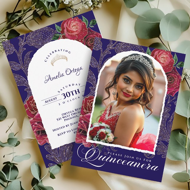 Invitation Marine Blue Red Roses Photo Princesse Quinceanera (Créateur téléchargé)