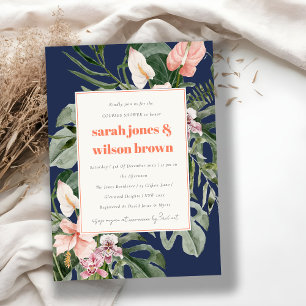 Invitation Marine Blue Rose Boho Tropical Floral Couples Douc