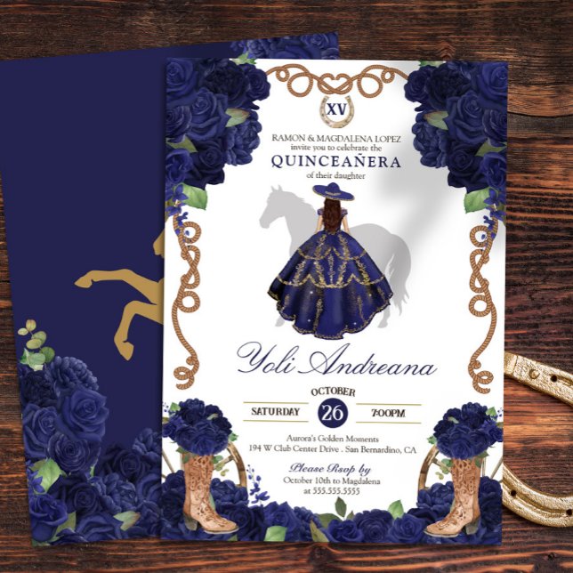 Invitation Marine Blue Rose Bottes Charro Vestidos Quince Ano (Créateur téléchargé)