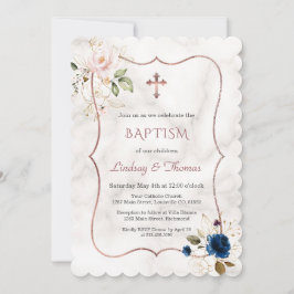 Invitation Marine Blue rose Floral Rose Gold Twins Baptême
