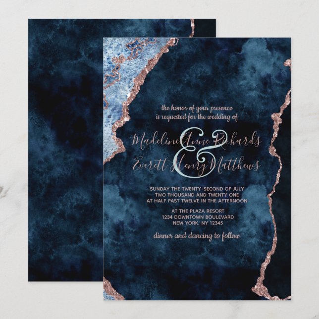 Invitation Marine Blue Rose Gold Agate Gilt Wedding Invitatio (Devant / Derrière)