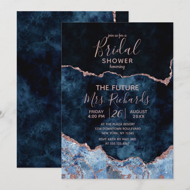 Invitation Marine Blue Rose Gold Agate nuptiale douche Invita (Devant / Derrière)
