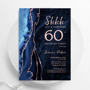 Invitation Marine Blue Rose Gold Agate Surprise 60e anniversa