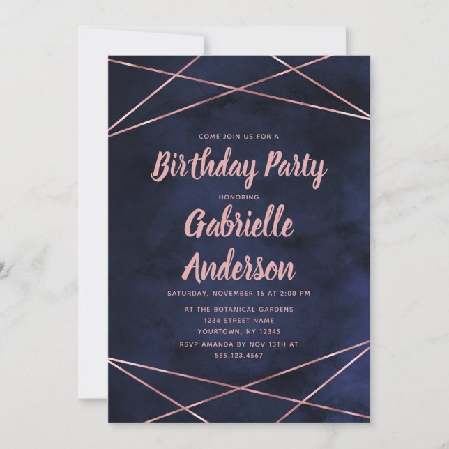 Invitation Marine Blue & Rose Gold Anniversaire de fête Invit (Devant)