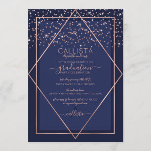 Invitation Marine Blue Rose Gold Confetti Bordure Graduation