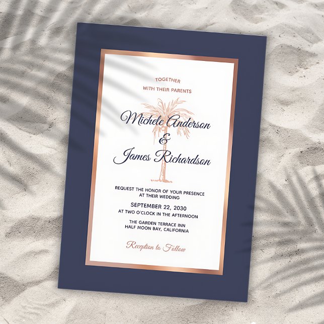 Invitation Marine Blue Rose Gold Copper Palm Tree Beach Maria (Créateur téléchargé)