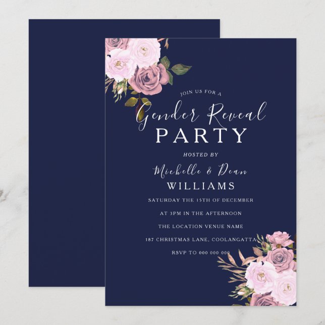 Invitation Marine Blue & Rose Gold Floral Genre Revevela Part (Devant / Derrière)