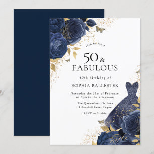 Invitation Marine Blue Roses & Robe Gold 50 & Fabuleux 50e