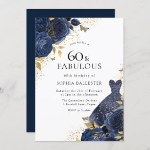 Invitation Marine Blue Roses & Robe Or 60 & Fabuleux 60e