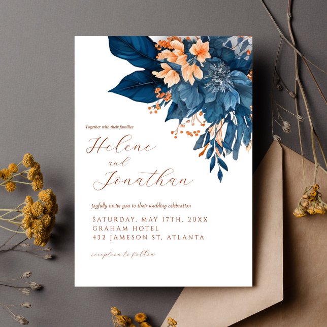 Invitation Marine Blue Rust Orange Floral Élégant Mariage (Navy Blue Rust Orange Floral Elegant Wedding Invitation)