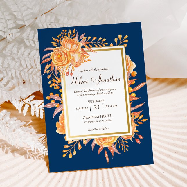 Invitation Marine Blue Rust Orange Rustique Elégant Mariage (Navy Blue Rust Orange Rustic Elegant Wedding Invitation)