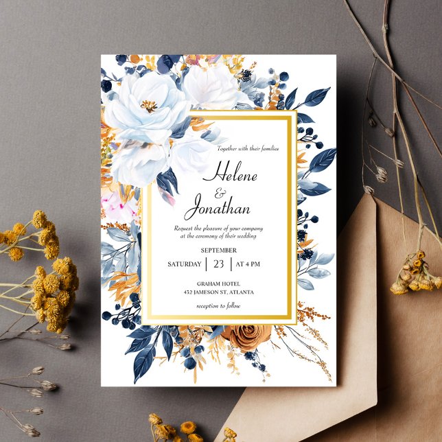 Invitation Marine Blue Rust Terracotta Floral Mariage élégant (Navy Blue Rust Terracotta Floral Elegant Wedding Invitation)