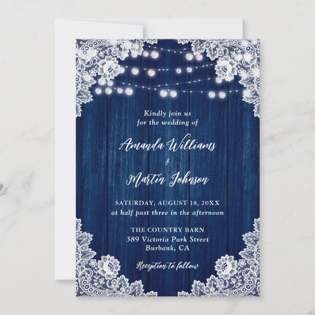 Invitation Marine Blue Rustic Bois dentelle lumière Mariage (Devant)