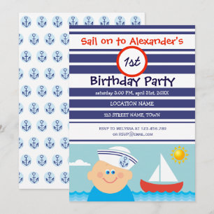 Invitation Marine Blue Sailor Boy et voilier Premier annivers
