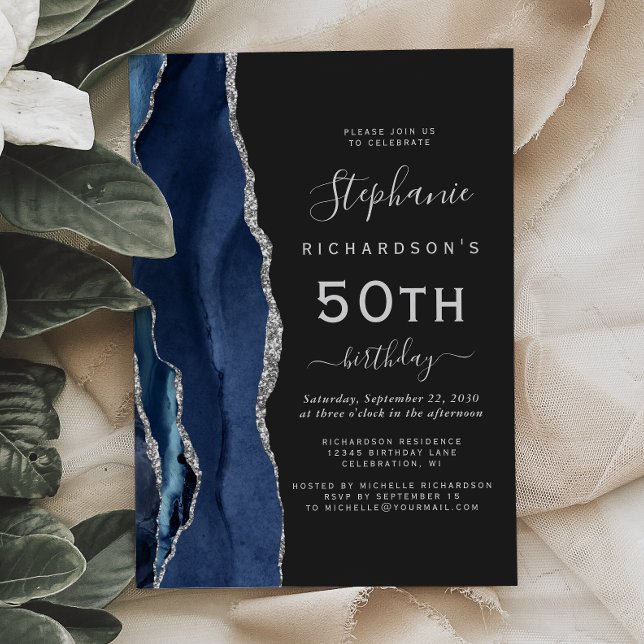 Invitation Marine Blue Silver Agate Dark 50th Birthday Party (Créateur téléchargé)