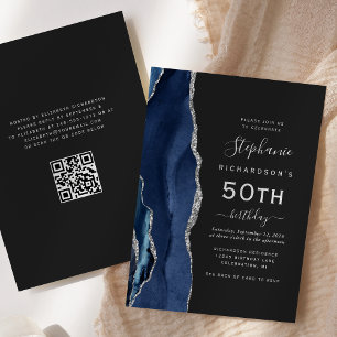 Invitation Marine Blue Silver Agate QR Code 50e anniversaire