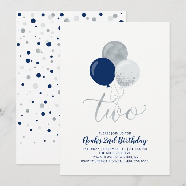 Invitation Marine Blue & Silver Balloons Boy 2e fête d'annive (Devant / Derrière)