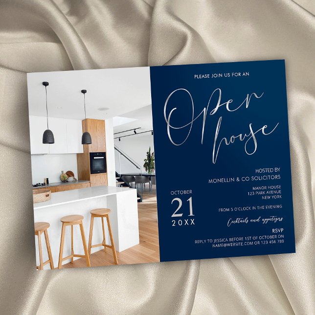 Invitation Marine Blue & Silver Business Open House One Photo (Navy and faux silver business open house photo invitation with modern script fonts)