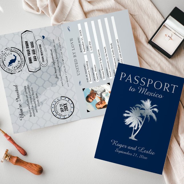 Invitation Marine Blue Silver Cancun Mexique Mariage Passepor (Créateur téléchargé)