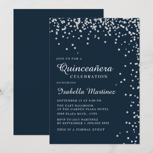 Invitation Marine Blue Silver Diamond Confetti Quinceañera (Devant / Derrière)