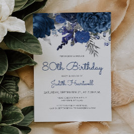 Invitation Marine Blue Silver Floral 80e fête d'anniversaire