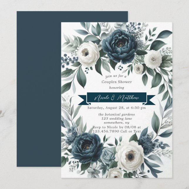 Invitation Marine Blue & Silver Ivory Floral Couples Douche (Devant / Derrière)