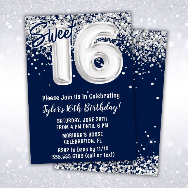 Invitation Marine Blue Silver Sweet 16e fête d'anniversaire (Créateur téléchargé)