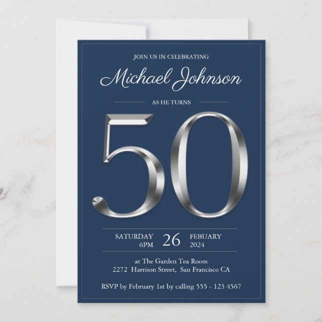 Invitation Marine Blue Silver Typographie 50e anniversaire fê (Devant)