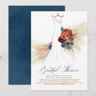 Invitation Marine Blue Terracotta Floral Boho Fête des mariée