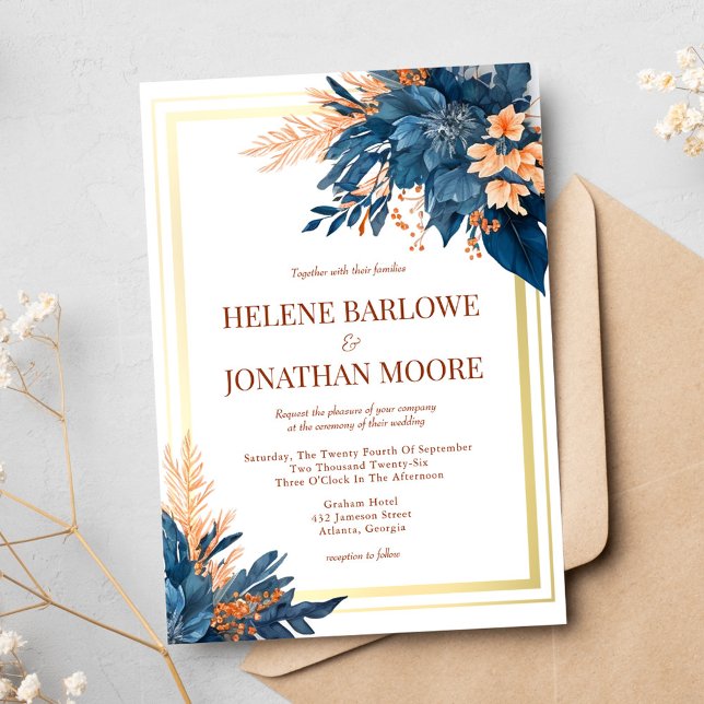 Invitation Marine Blue Terracotta Gold Floral Mariage élégant (Navy Blue Terracotta Gold Floral Elegant Wedding Invitation)