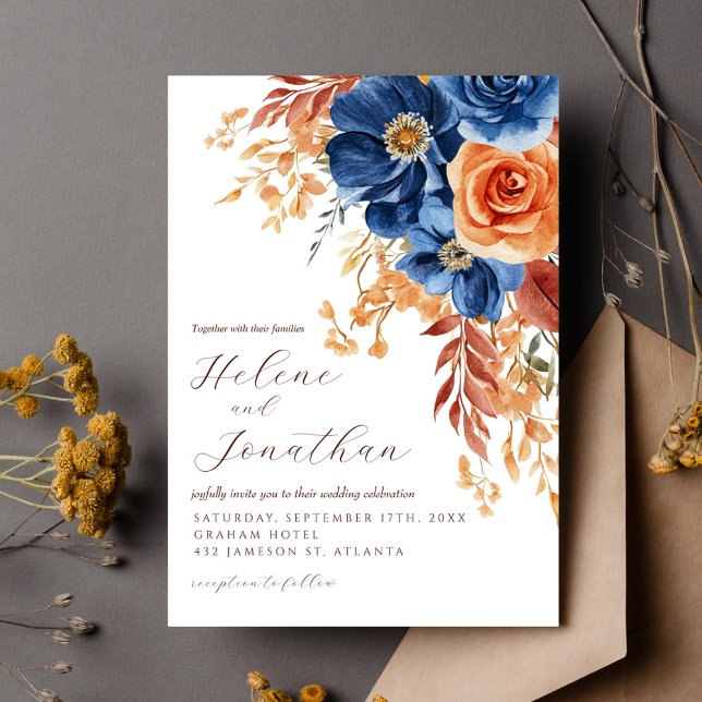 Invitation Marine Blue Terracotta rouille Rustique élégant ma (Navy Blue Terracotta Rust Rustic Elegant Wedding Invitation)