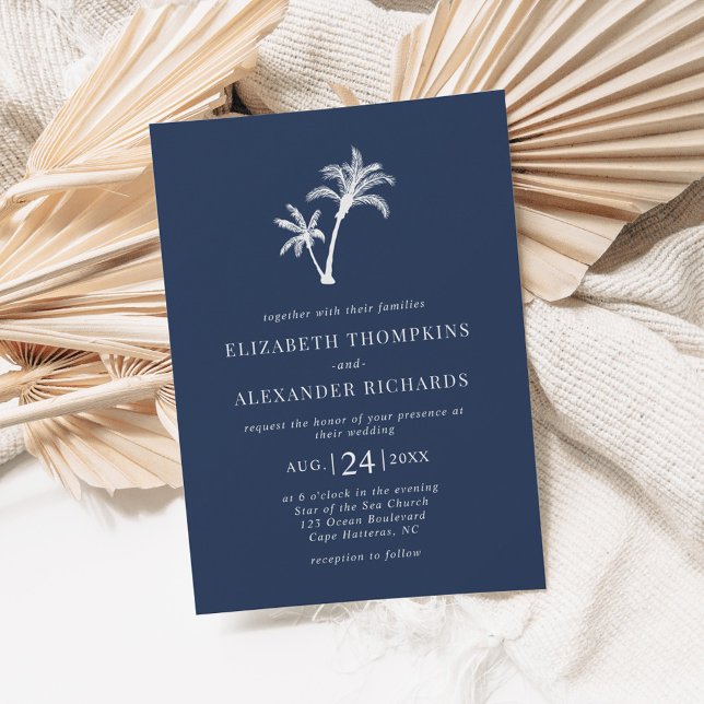 Invitation Marine Blue Tropical Palm Tree Beach Mariage (Créateur téléchargé)