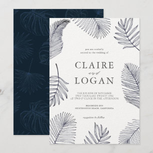 Invitation Marine Blue Tropical Palm Tree Feuille Mariage