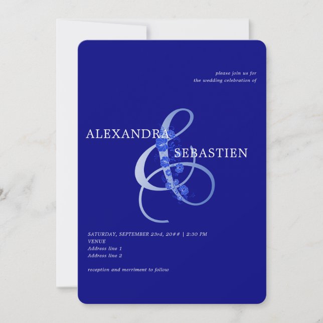 Invitation Marine Blue Typographie simple Boho Ampersand Mari (Devant)