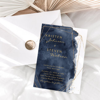 Invitation Marine Blue Watercolor & Gold Mariage
