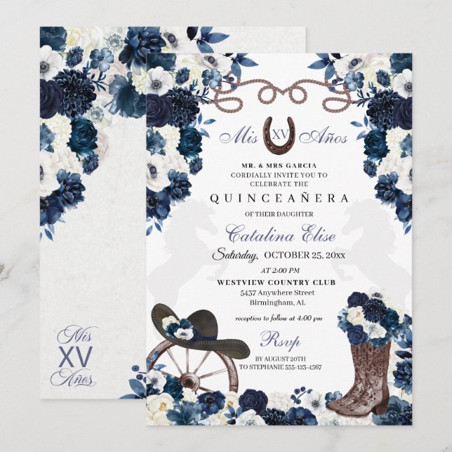 Invitation Marine Blue Western Charra Bottes Quinceanera (Devant / Derrière)