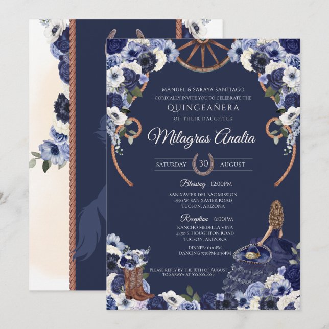 Invitation Marine Blue Western Charro Rustique Quinceanera (Devant / Derrière)