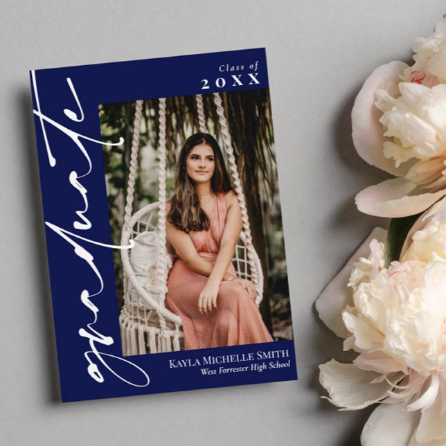 Invitation Marine Blue White Calligraphie Photo Graduation (Créateur téléchargé)