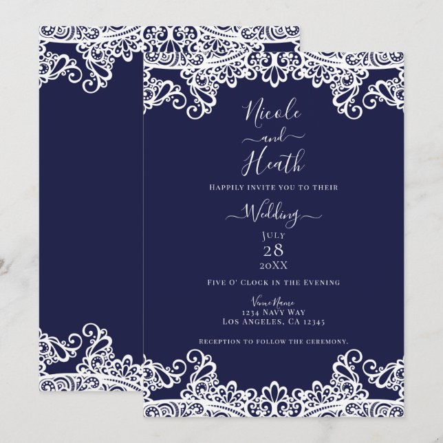 Invitation Marine Blue & White Lace Mariage élégant (Devant / Derrière)