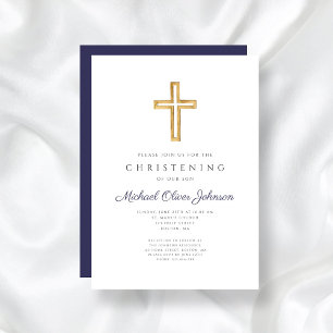 Invitation Marine Blue Wood Cross Religion Garçon Christening